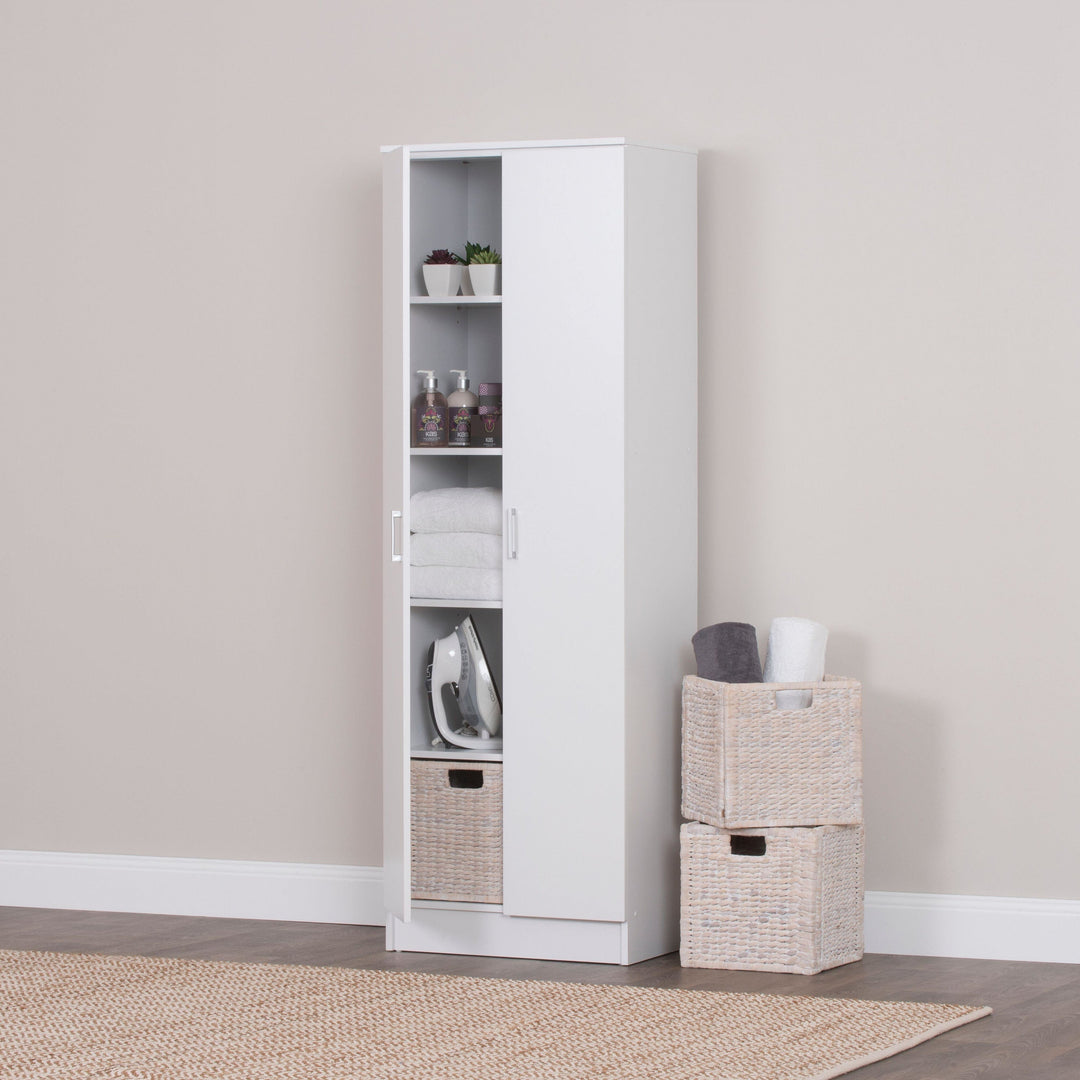Five-tier white cupboard with storage baskets and folded towels