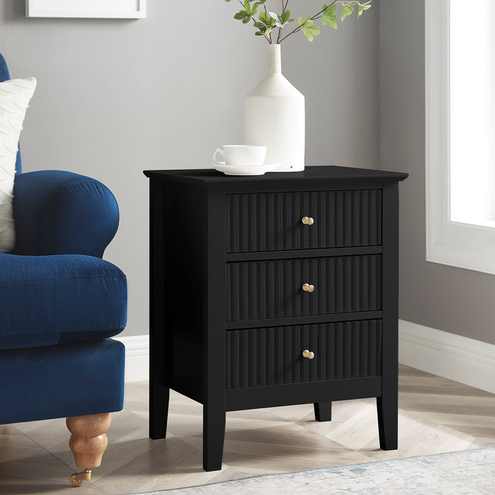Zara Fluted 3 drawer side table - Black