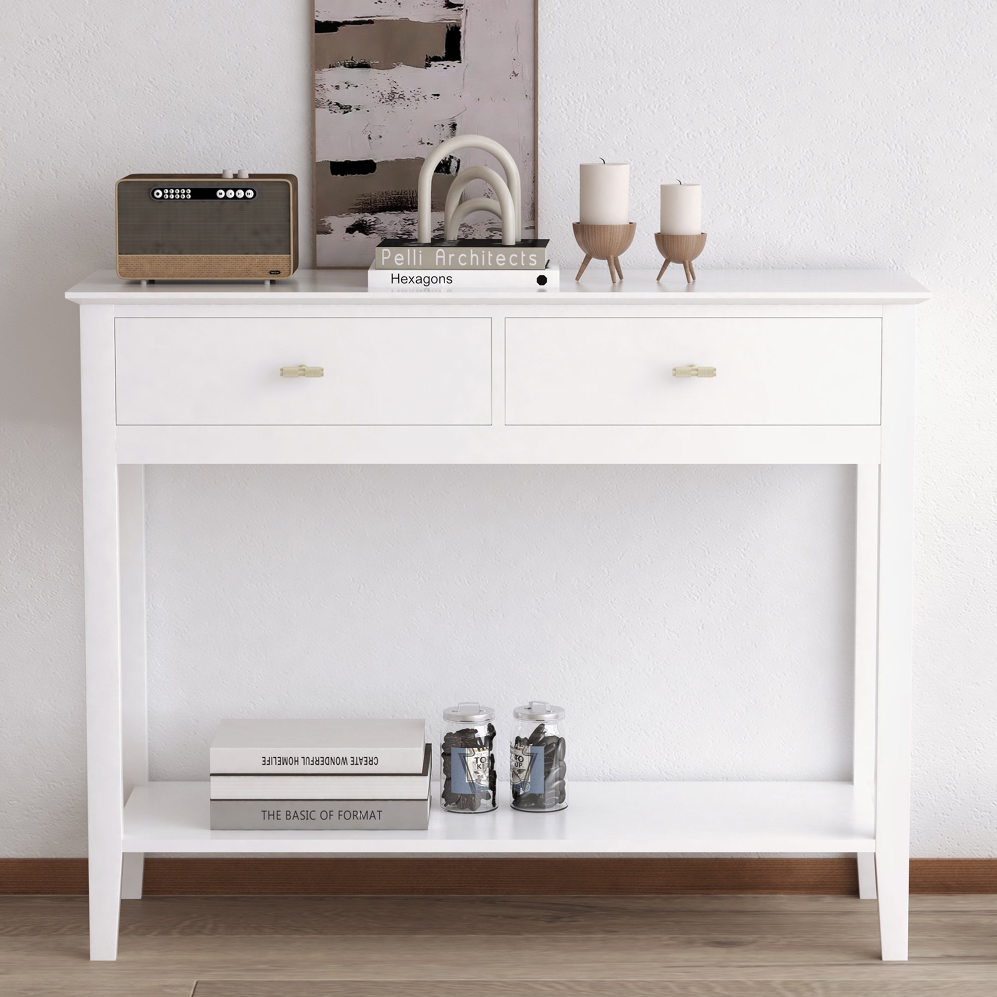 Harper White Console Table: Stylish Storage for Entryway or Living Room