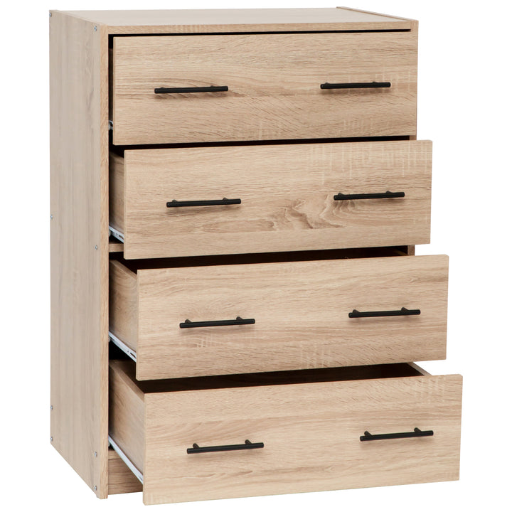 A light oak chest featuring four wide drawers, each with two black horizontal bar handles. The drawers are shown partially opened in a cascading arrangement, displaying smooth drawer runners. The furniture has a modern design with a natural wood grain finish and clean lines