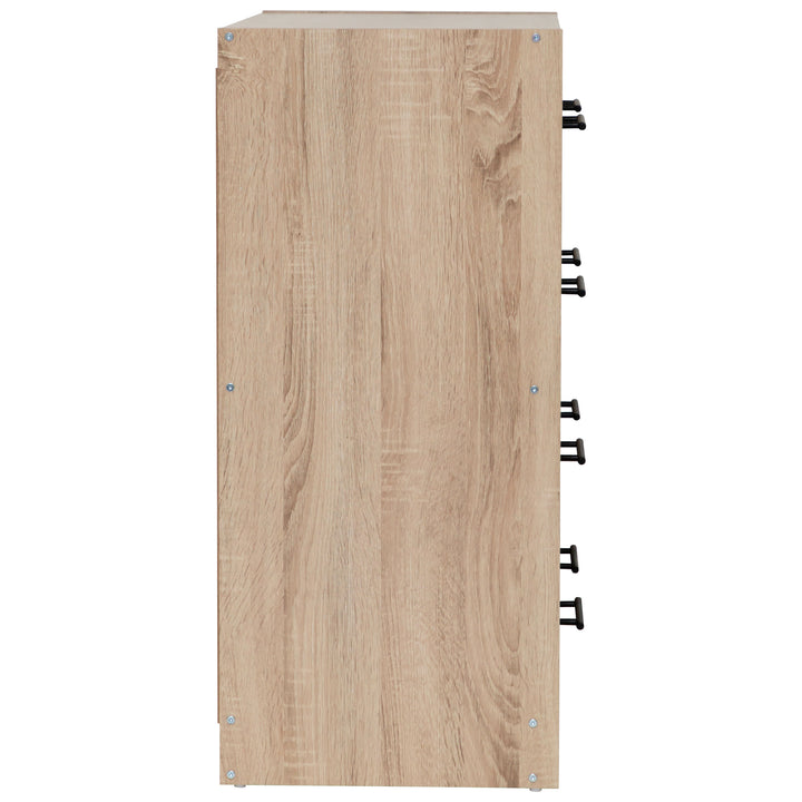 Back view of a chest of drawers showing a light oak wooden panel with drawer handle hardware protruding through four sets of parallel holes
