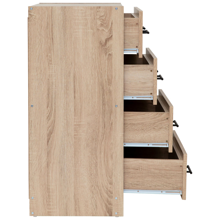 a chest of drawers showing a light oak wooden panel 