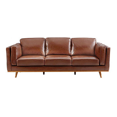Brown Leather 3+2 Seater Sofa Lounge Set with Wooden Frame