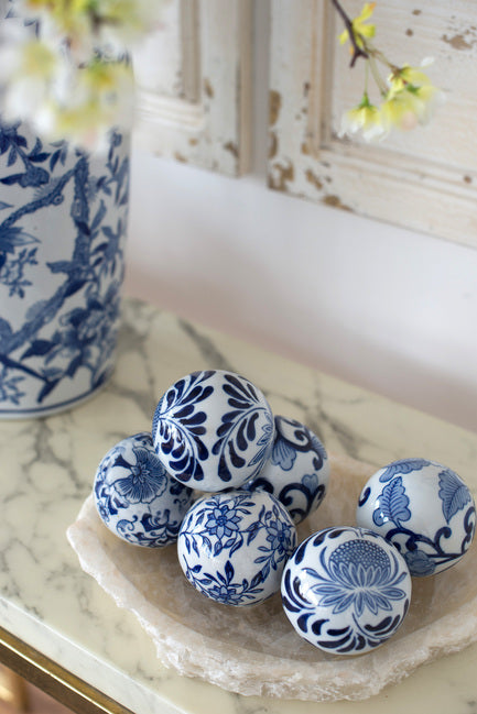 Blue & White Ceramic Decorator Set of 6 3" Round Orbs