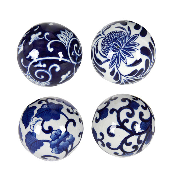 Blue & White Decorator Balls - Set of 4 Ceramic Ornaments