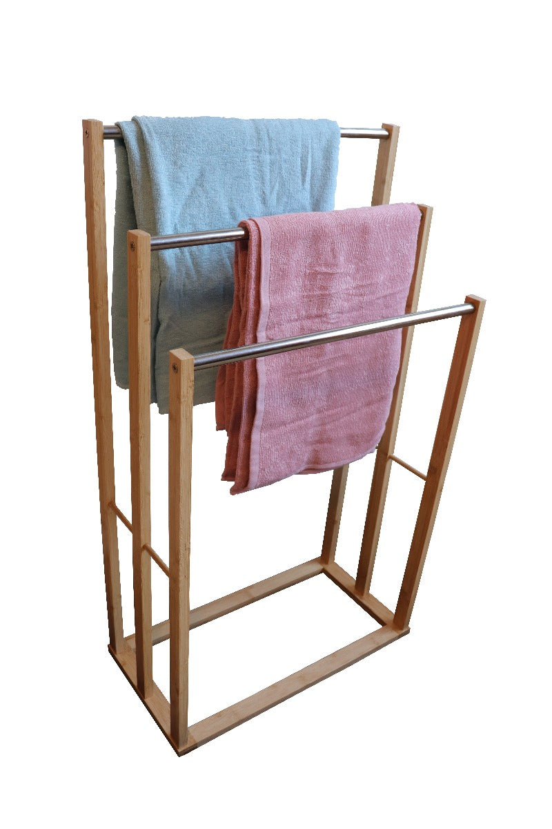 Towels Hanging on metal rack with bamboo frame