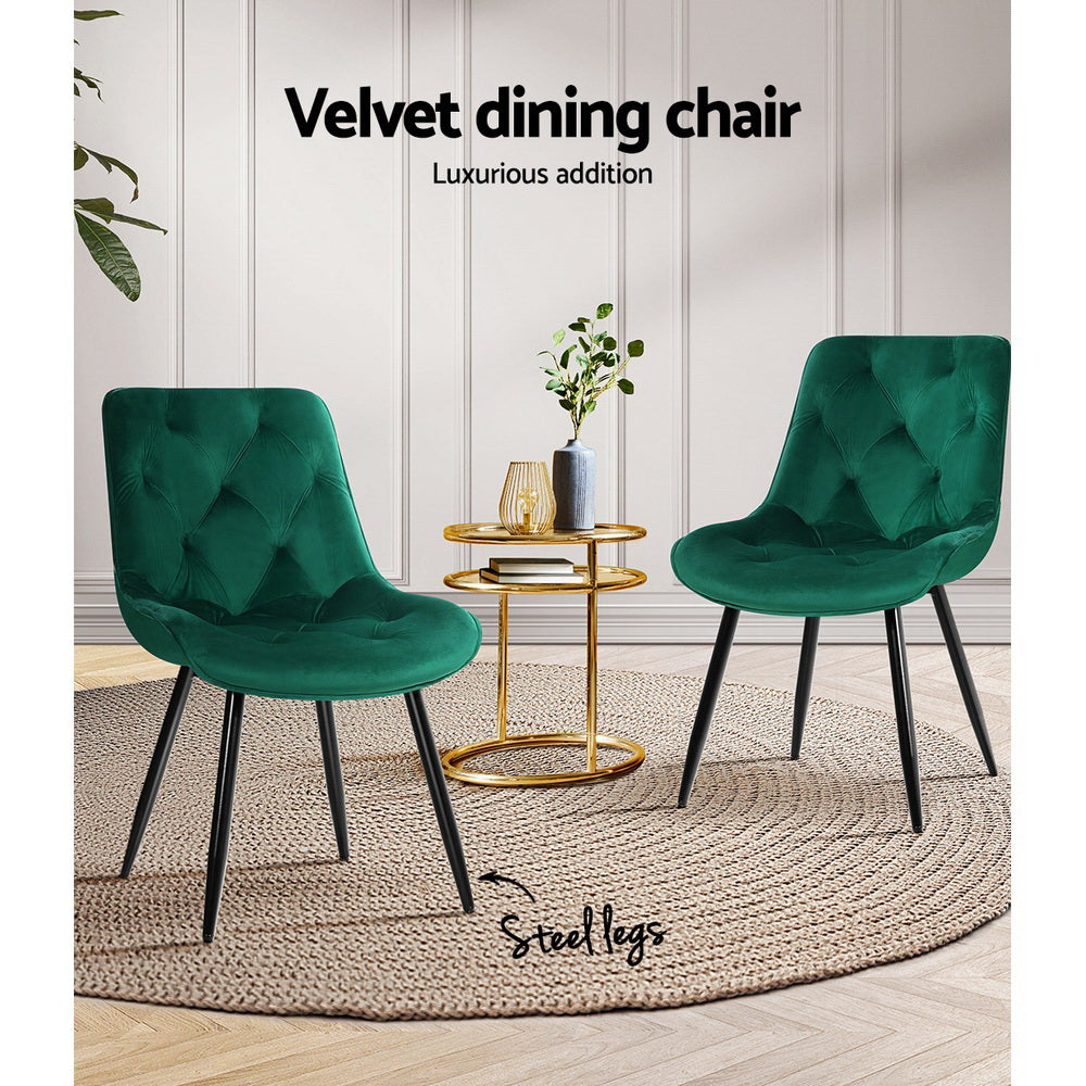 Set of 2 Green Dining Chairs Velvet Padded