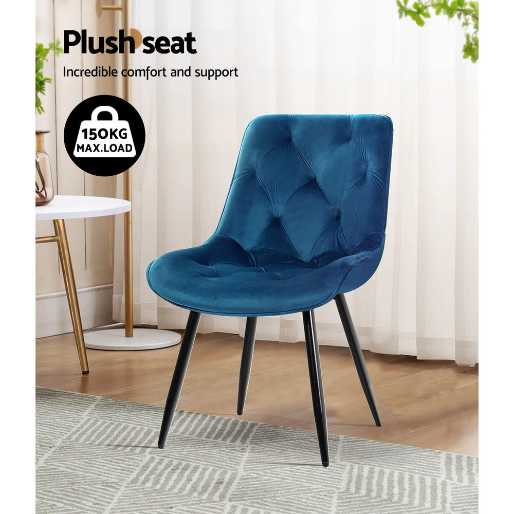 Set of 2 Blue Dining Chairs Velvet Padded Seat