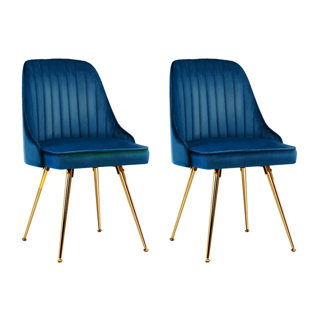 Set of 2 Retro Dining Chairs Metal Legs Velvet Blue