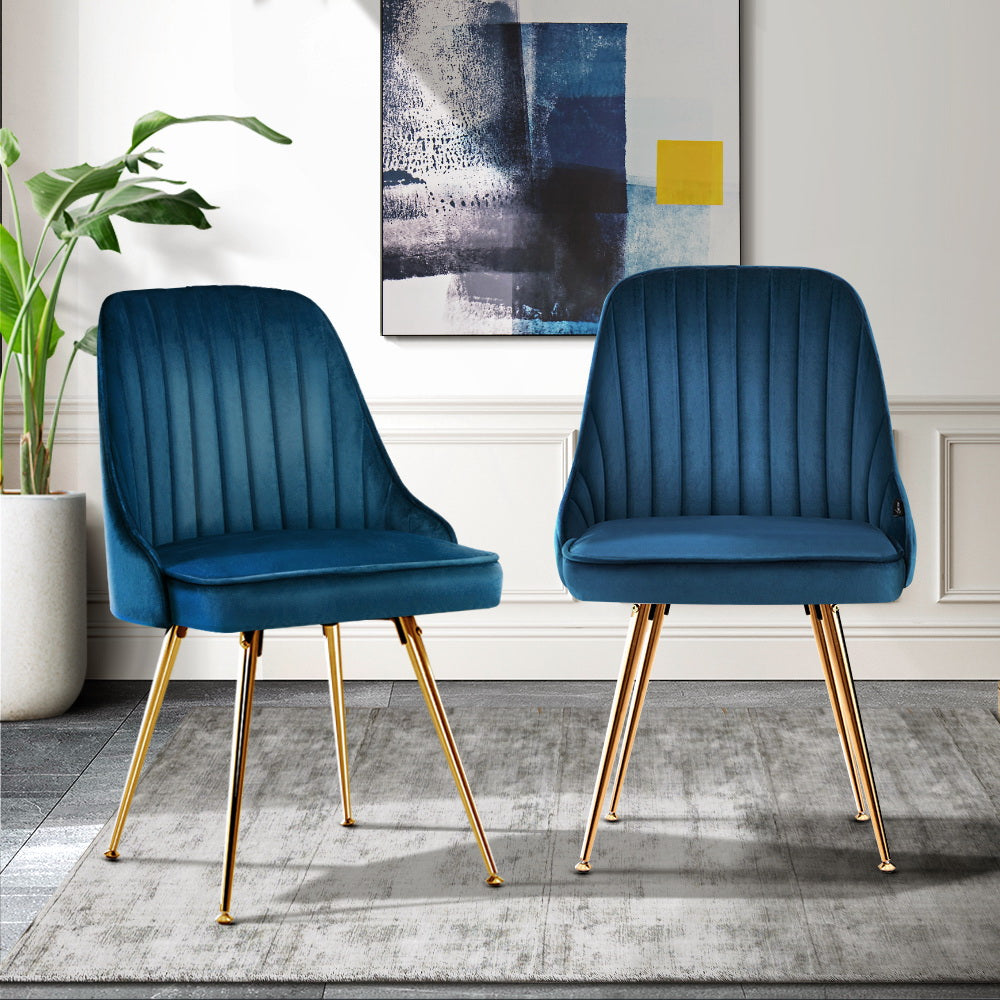 Set of 2 Retro Dining Chairs Metal Legs Velvet Blue