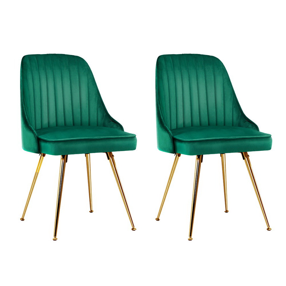 Set of 2 Retro Dining Chairs Metal Legs Velvet Green