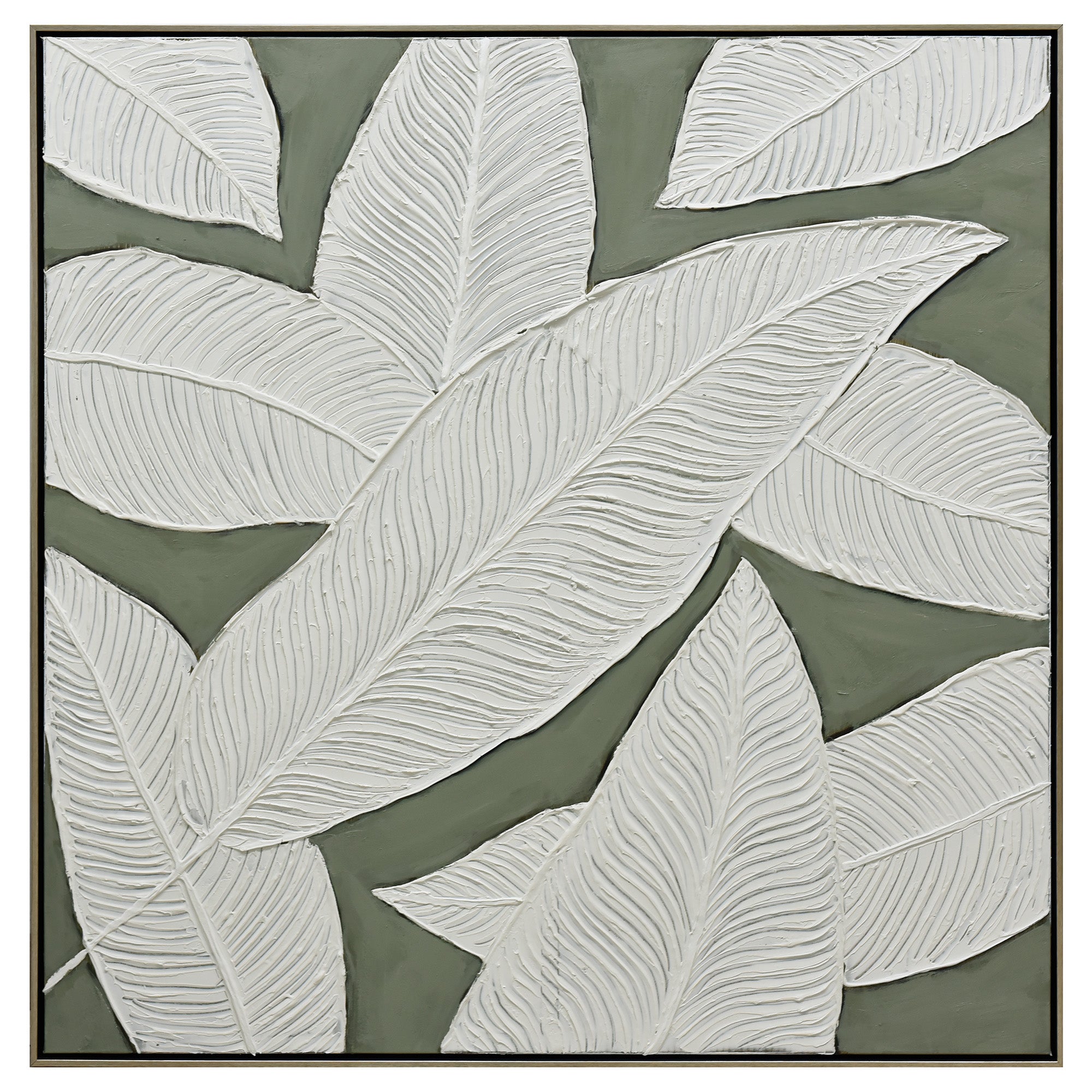 Emerald Oasis: Leaves of Serenity Champagne Framed Wall Art 100X100cm